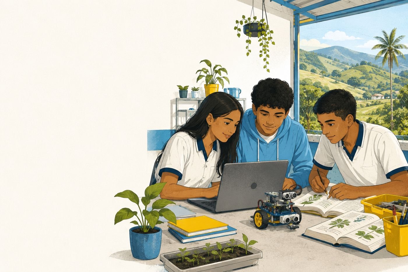 Tres estudiantes de secundaria trabajan juntos con un portátil, un carro robot y un semillero, en un aula abierta al paisaje rural.